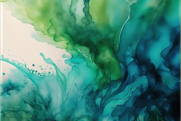  a painting of green and blue ink on a white background with bubbles and bubbles in the water, and a white background with a blue border with a white border and a green border with a. Generative AI 