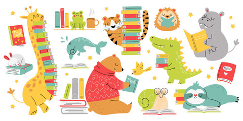 Funny animals read books flat icons set. Cute cartoon tiger, dolphin, crocodile, snail,bird reading interesting texts - obrazy, fototapety, plakaty