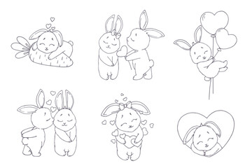 A set of linear sketches, children's coloring books in love with rabbits.Cute valentines for February 14.Vector graphics.