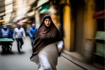 Middle Eastern  woman wearing a hijab running in the street of a North African city. Generative AI