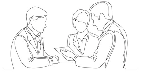 continuous line drawing vector illustration with FULLY EDITABLE STROKE of business persons discussing working contract