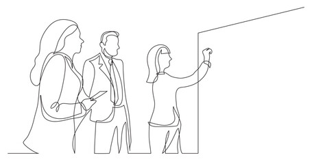 continuous line drawing vector illustration with FULLY EDITABLE STROKE of business team discussing whiteboard drawing during brainstorm session