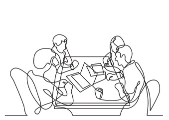 continuous line drawing vector illustration with FULLY EDITABLE STROKE of four team members working together