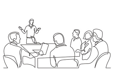 continuous line drawing vector illustration with FULLY EDITABLE STROKE of diverse office workers ask questions to presentation speaker in meeting room continuous line drawing