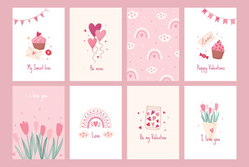 Fototapeta na wymiar Set of greeting cards for Valentine's Day. Love concept. Vector cute pastel illustrations with festive decorative elements, hearts, envelope, sweets and inscriptions.