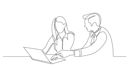 continuous line drawing vector illustration with FULLY EDITABLE STROKE of manager helping employee pointing at laptop computer