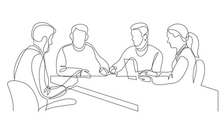 continuous line drawing vector illustration with FULLY EDITABLE STROKE of modern business team brainstorming during meeting