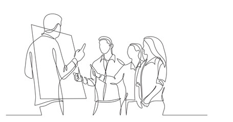 continuous line drawing vector illustration with FULLY EDITABLE STROKE of modern sturtup team members discussing near whiteboard