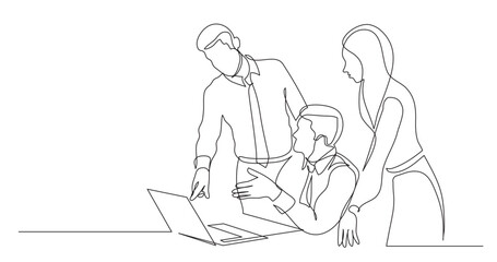 continuous line drawing vector illustration with FULLY EDITABLE STROKE of modern team members discussing work project on laptop computer