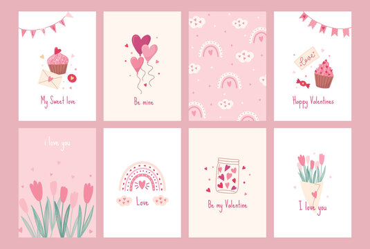 Fototapeta Set of greeting cards for Valentine's Day. Love concept. Vector cute pastel illustrations with festive decorative elements, hearts, envelope, sweets and inscriptions.