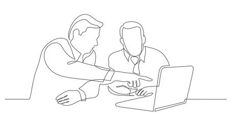 Fototapeta na wymiar continuous line drawing vector illustration with FULLY EDITABLE STROKE of two business partners discussing presentation on laptop screen