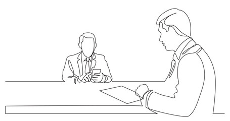 continuous line drawing vector illustration with FULLY EDITABLE STROKE of two businessmen on conversation