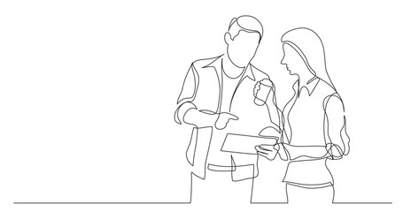 continuous line drawing vector illustration with FULLY EDITABLE STROKE of two coworkers talking together about work