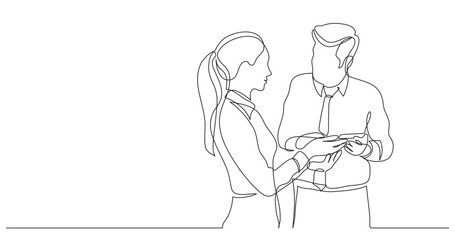 continuous line drawing vector illustration with FULLY EDITABLE STROKE of two modern employees talking about smart phone app