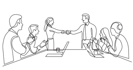 continuous line drawing vector illustration with FULLY EDITABLE STROKE of two team members shaking hands in front of work team