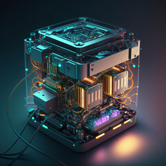 Abstract illustration of a futuristic supercomputer with intricate design elements, neon lights and gold accents. The device is shown with reflective glass elements and detailed microcircuits against 