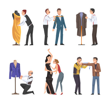 Man and Woman Fashion Designer or Tailor Working with Fabric and Client Vector Set