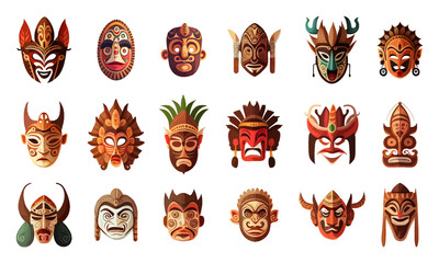 Colorful set of ethnic masks in cartoon style isolated on white background. Mayan masks. Traditional ritual, ceremonial tribal Mexican Indian or African colorful masks, Mayan culture. Vector