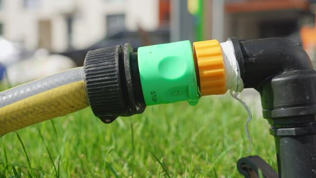 Water droplets leaking through damaged water hose pipe connection. Water waste, gardening equipment.
