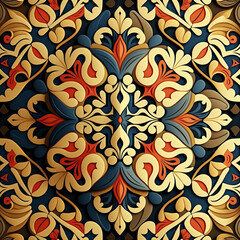 Background golden red blue abstract design elements in curved shapes, flower-like pattern and rough texture. Generative AI