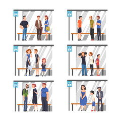 People Characters Waiting for Public Transport at Bus Stop Vector Set