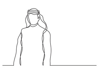 continuous line drawing vector illustration with FULLY EDITABLE STROKE of  arab sheikh in keffiyeh - obrazy, fototapety, plakaty