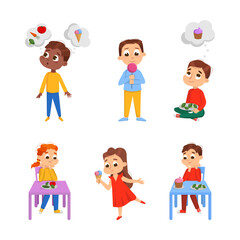 Kids Showing Food Likes and Dislikes Eating Healthy and Unhealthy Food Vector Set
