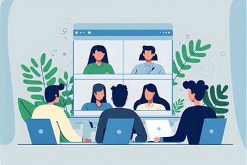 The illustration is a representation of a group of business people in an online video conference meeting, engaged in brainstorming and collaboration. Generative AI. - obrazy, fototapety, plakaty