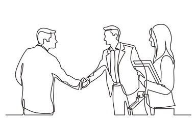continuous line drawing vector illustration with FULLY EDITABLE STROKE of  business meeting with handshake