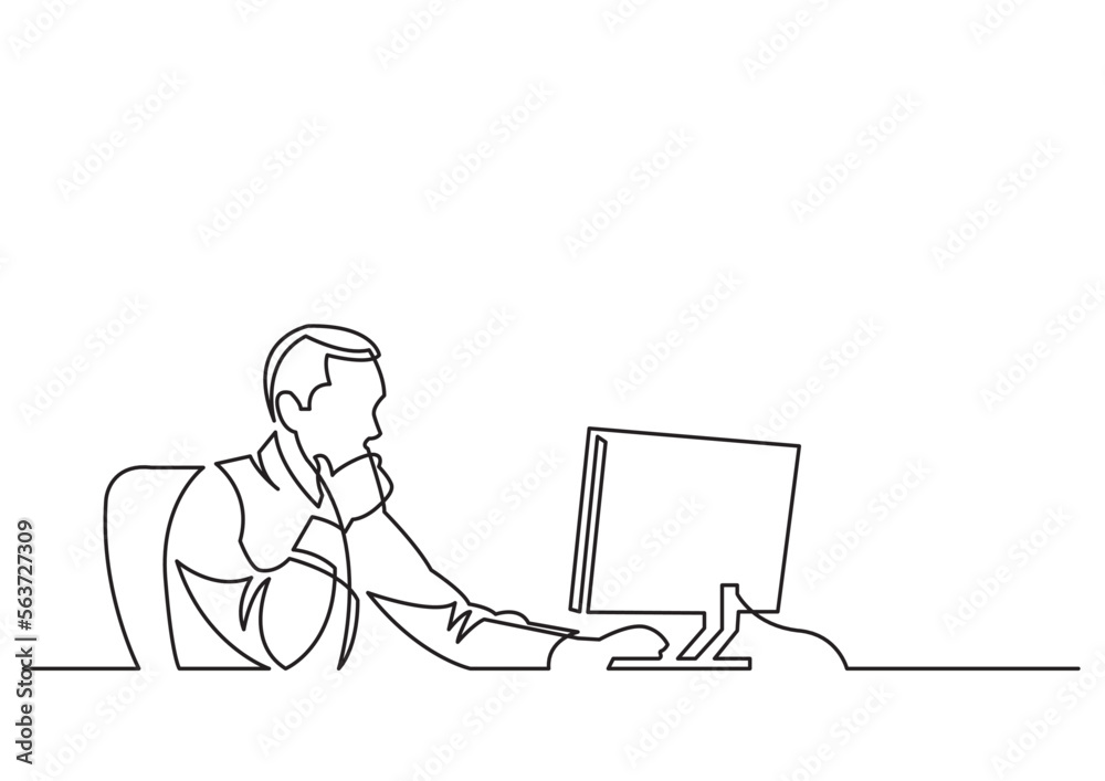 Poster continuous line drawing vector illustration with fully editable stroke of businessman working behind