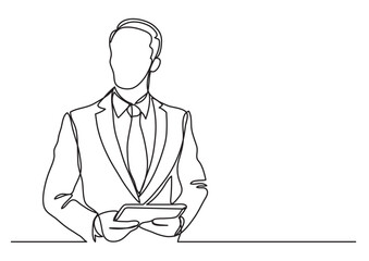 continuous line drawing vector illustration with FULLY EDITABLE STROKE of  businessman with tablet