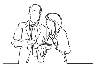 continuous line drawing vector illustration with FULLY EDITABLE STROKE of  cowokers discussing