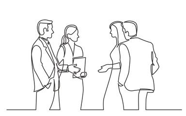 continuous line drawing vector illustration with FULLY EDITABLE STROKE of  group standing businee people discussing deal