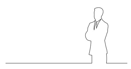 continuous line drawing vector illustration with FULLY EDITABLE STROKE of  of standing businessman with copy space