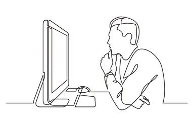 continuous line drawing vector illustration with FULLY EDITABLE STROKE of  office worker concentrated behind computer