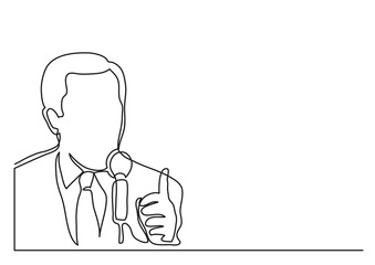 continuous line drawing vector illustration with FULLY EDITABLE STROKE of  presenter speaking to mic