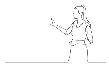 continuous line drawing vector illustration with FULLY EDITABLE STROKE of  standing woman presenter showing at screen