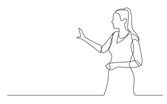 continuous line drawing vector illustration with FULLY EDITABLE STROKE of  standing woman presenter showing at screen