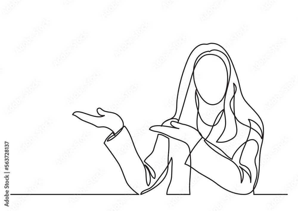 Wall mural continuous line drawing vector illustration with fully editable stroke of woman showing something