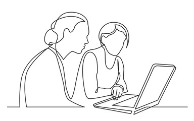 Fototapeta continuous line drawing vector illustration with FULLY EDITABLE STROKE of  two women sitting watching laptop computer obraz