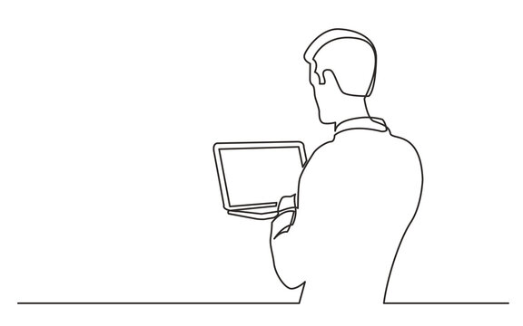 recommend clip art: continuous line drawing vector illustration with FULLY EDITABLE STROKE of man standing man holding laptop