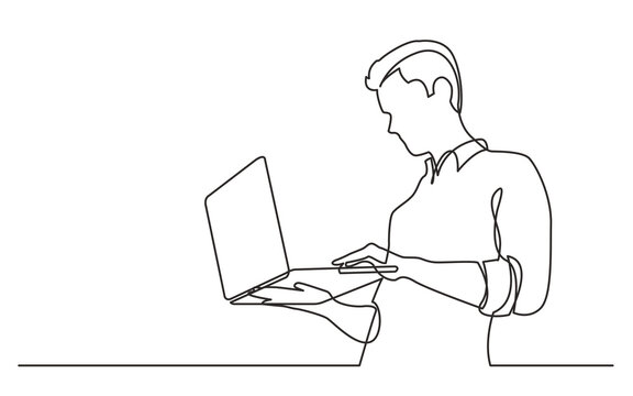 recommend clip art: continuous line drawing vector illustration with FULLY EDITABLE STROKE of man standing man watching laptop computer