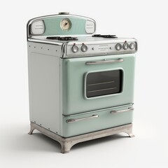 Detailed illustration of a vintage retro stove oven from 1968 isolated on a white background, generative ai