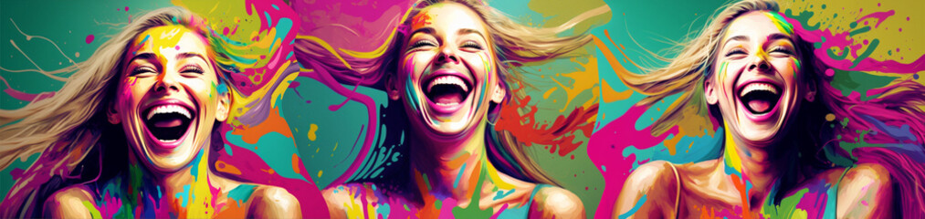 a happy young woman, colorful spectacle of emotions with laughing faces of a attractive female. Generative AI