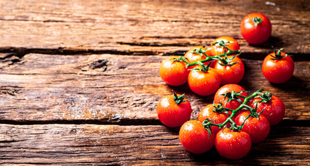 Fresh tomatoes on a branch on the table. 