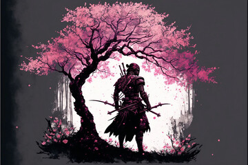Samurai art sakura tree illustration