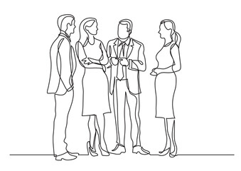 continuous line drawing vector illustration with FULLY EDITABLE STROKE of business professionals standing discussion