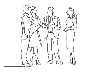 continuous line drawing vector illustration with FULLY EDITABLE STROKE of business professionals standing meeting