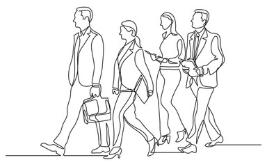 continuous line drawing vector illustration with FULLY EDITABLE STROKE of business team walking together