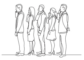 continuous line drawing vector illustration with FULLY EDITABLE STROKE of office workers standing in line making phone calls